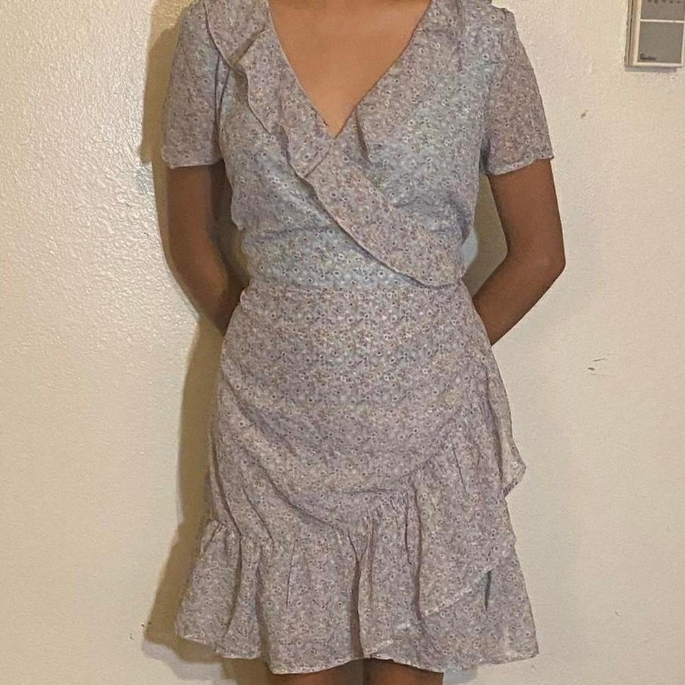 Light blue chiffon floral ruffle mini dress lined